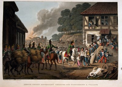French troops retreating through and plundering a village by English School