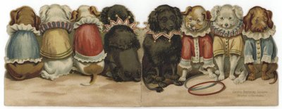Front and Rear Cover of a Card Depicting Dogs in Circus Costumes by English School