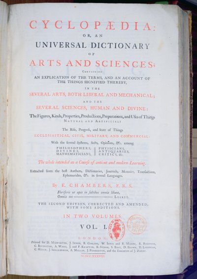 Frontispiece of Encyclopaedia: An Universal Dictionary of Arts and Sciences, Vol. I, by Ephraim Chambers, London, 1738 by English School