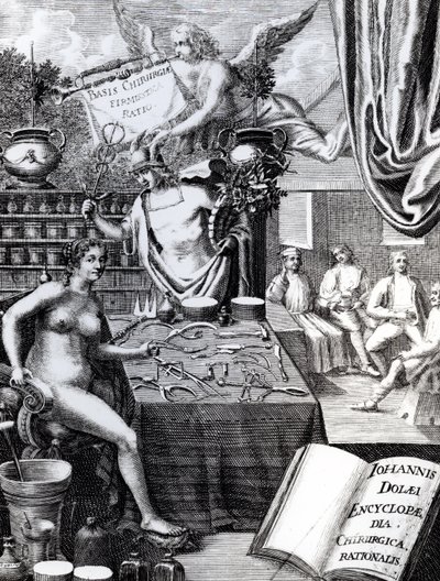 Frontispiece to an Encyclopaedia of Surgical Thought by John Dolaeus by English School