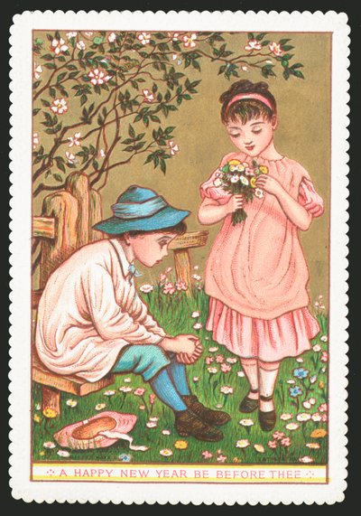 Girl with flowers talking to boy sitting down by English School
