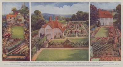Garden Schemes, Sketches Showing Three Pleasing Layouts for Different Aspects and Types of Gardens for Suburban and Country Houses by English School