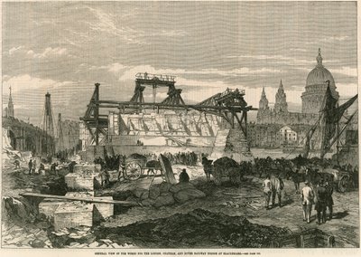 General view of the works for the London, Chatham and Dover Railway Bridge at Blackfriars, London by English School