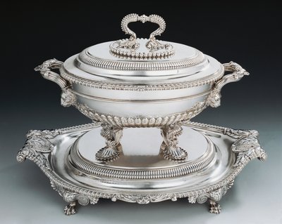 George III-style silver tureen with tray by English School