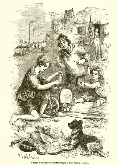George Stephenson Constructing His First Steam-Engine by English School