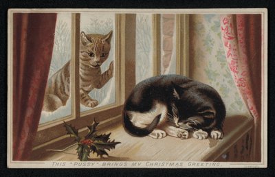 Ginger cat looking through a window at another sleeping cat, Christmas greetings card by English School