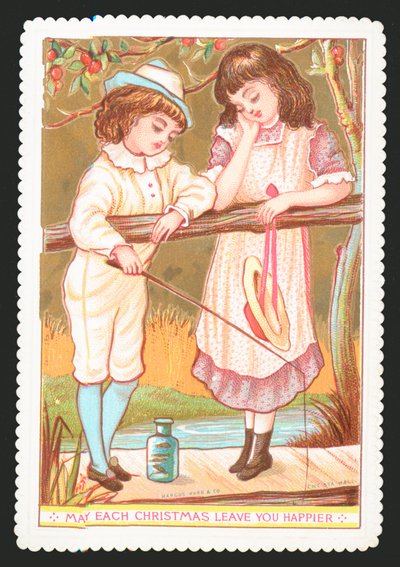 Girl and Boy Fishing with Rod by English School