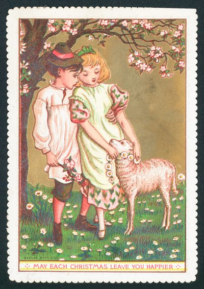 Girl and Boy with Lamb by English School