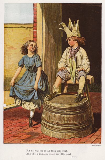 Girl curtseying to a boy playing at being a king by English School