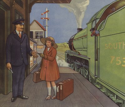 Girl giving her railway ticket to the station master by English School