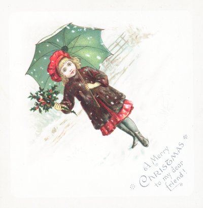 Girl holding umbrella and holly in the snow by English School