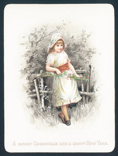 Girl leaning on fence holding spray of flowers by English School