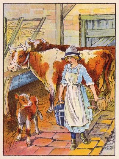 Girl Milking Cows by English School