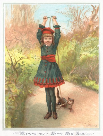 Girl playing with skipping rope and cat by English School