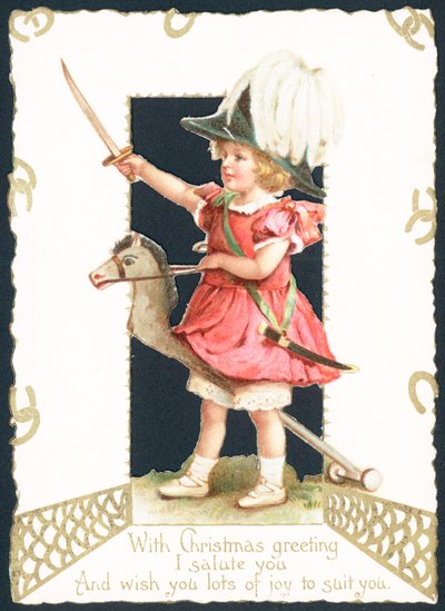 Girl Riding on Hobby Horse, Christmas Card by English School