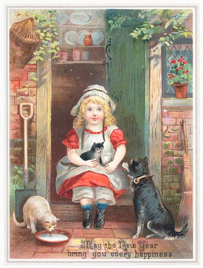 Girl sitting on doorstep with pets by English School