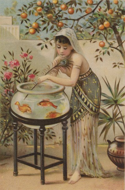 Girl Teasing Goldfish with Peacock Feather by English School