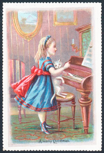 Girl with Cat standing at Piano by English School