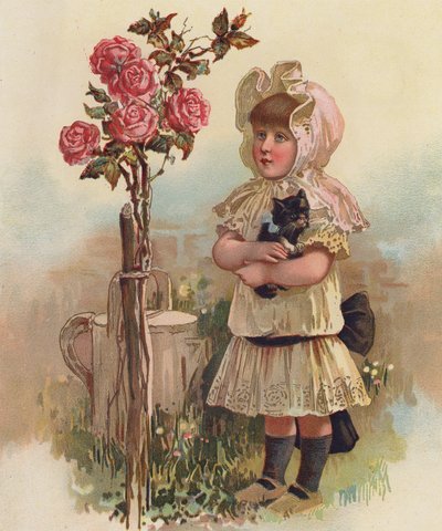 Girl with a cat and a rose tree by English School
