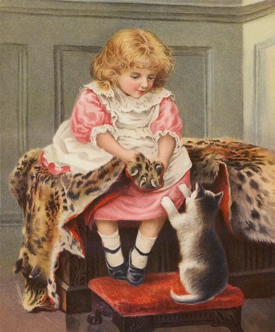 Girl with a Leopard Skin and a Domestic Cat by English School