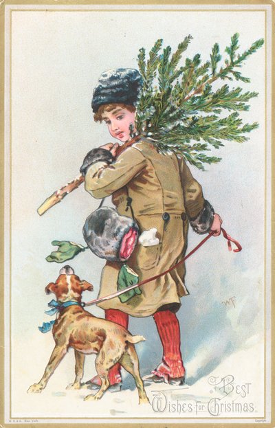 Girl with Dog Carrying Christmas Tree by English School
