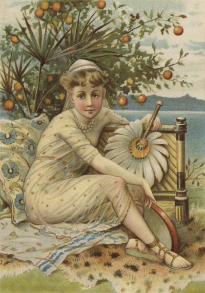 Girl with Fan Sitting Under Orange Tree by English School