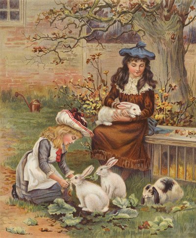 Girls caring for their pet rabbits by English School