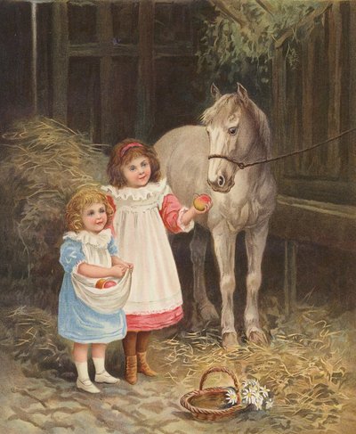 Girls feeding apples to a pet horse by English School