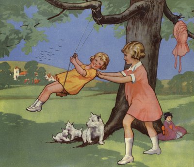 Girls Playing on Swing in English Countryside by English School