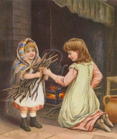 Girls putting wood on the fire by English School