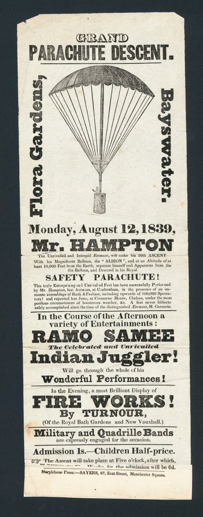 Grand Parachute Descent, Flora Gardens, Bayswater, 12 August 1839 by English School