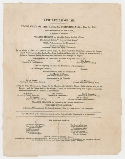 Great Exhibition of 1851. Programme of Musical Performances, 1 May 1851 by English School