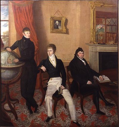 Group Portrait of Three Men in an Elaborate Sitting Room Interior by English School