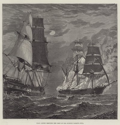 HMS Liffey rescuing the Crew of the Burning Barque Anita by English School