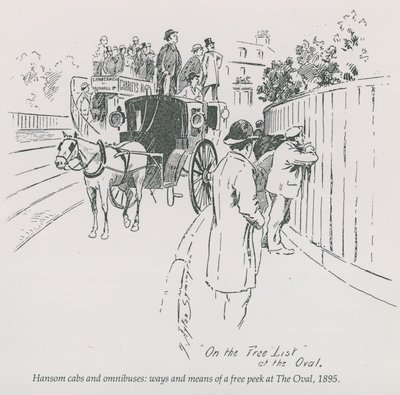Hansom cabs and omnibuses - ways and means of a free peek at The Oval, 1895 by English School