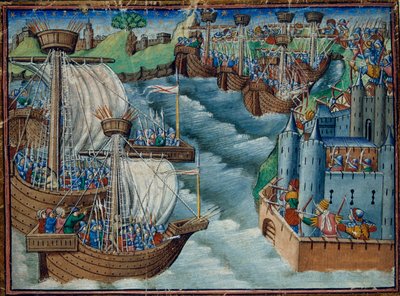 Christian fleet attacks the port of Gaeta in Italy, held by the Turks, from The Three Kings