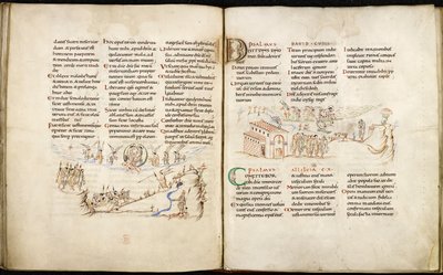 Double-page spread from Harley Psalter with pen drawings by English School