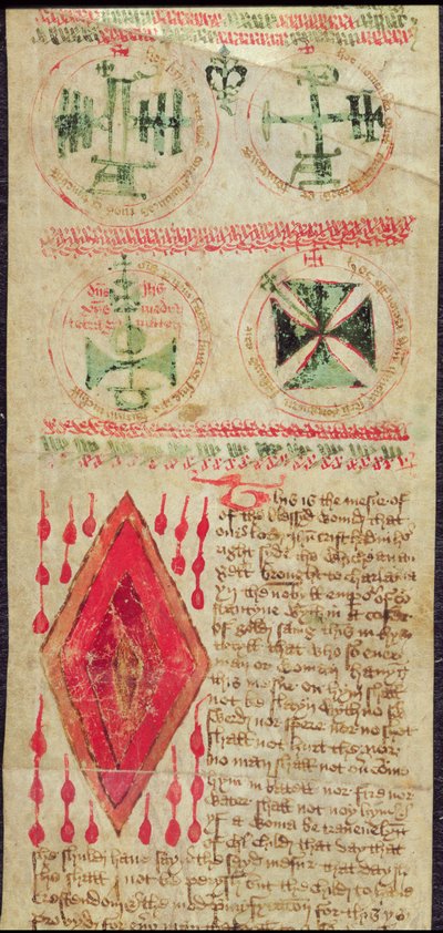 Magic figures and the Wound of Christ from a prayer roll by English School