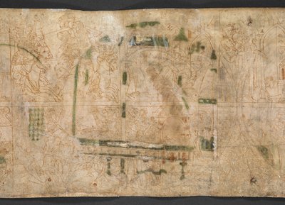 Harley Roll Y 6, Roundel 16v, On the verso of Roundels 14-18 are a series of 14th-century drawings, in two registers, with scenes from the book of I Samuel, chapters 1-4, from the 