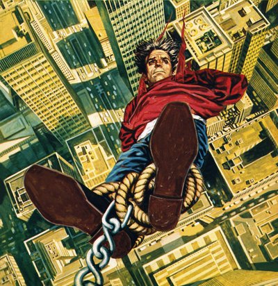 Harry Houdini suspended from the top of a New York skyscraper by English School