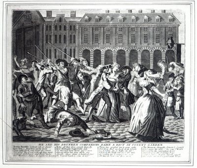 He and His Drunken Companions Raise a Riot in Covent Garden, from a pirated series based on Hogarth