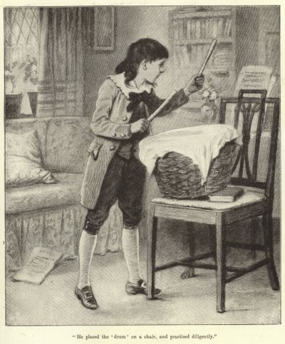 He placed the drum on a chair, and practised diligently by English School