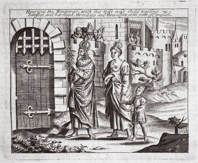 Henricus the Emperor with his wife and child waiting, barefoot and barelegged, three days and three nights at the gates of Canusuam, illustration from Acts and Monuments by John Foxe, ninth edition by English School