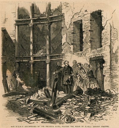 Her Majesty, accompanied by the Princess Royal, visiting the ruins of Covent Garden Theatre, London by English School
