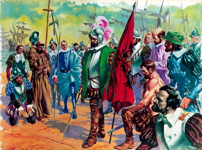 Hernando Cortes Arriving in Mexico in 1519 by English School