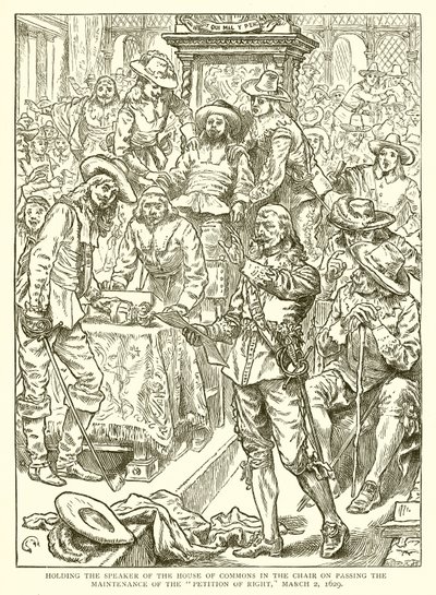 Holding the Speaker of the House of Commons in the Chair on passing the Maintenance of the Petition of Right, March 2, 1629 by English School