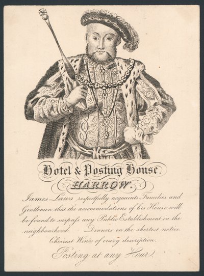 Hotel and Posting House, Harrow, trade card by English School