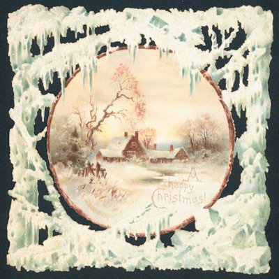 House in Snow Scene Surrounded by Icicles, Christmas Card by English School