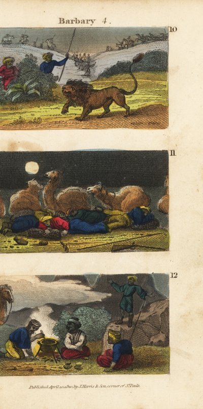 Hunting Lions in the Barbary States, Camels and Drivers Sleeping in the Desert, and Arabs Inviting Travellers to Dine by English School
