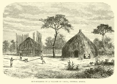 Hut-building in a village of Uhiya, Central Africa by English School